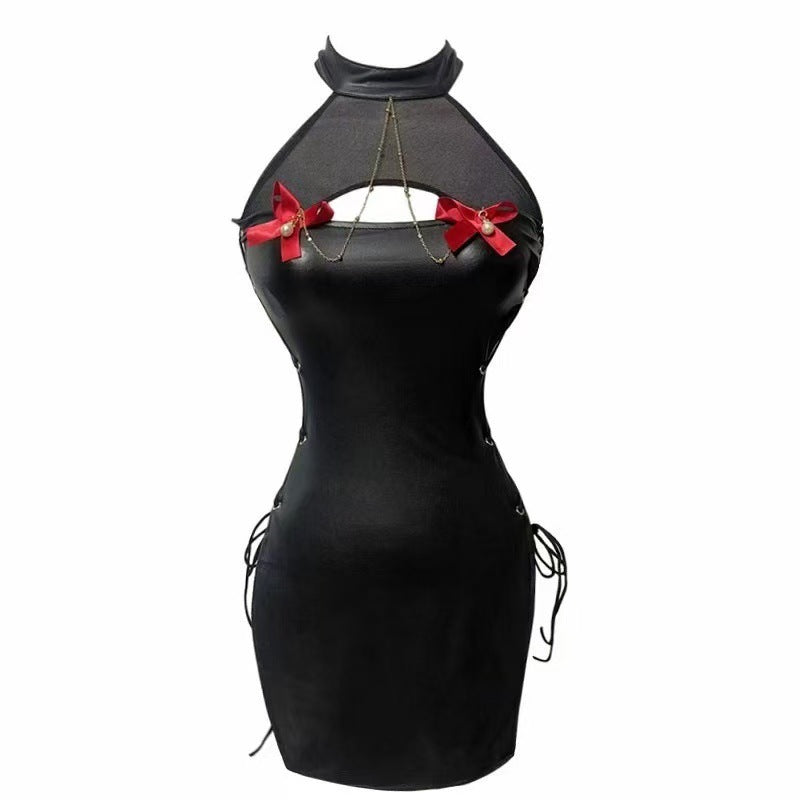 Image of Butterfly Rain, Halloween, Wild Devil, Patent Leather Strap Set, Temptation, Halterneck Nightclub, Cheongsam, Leaky Chest, Bow Cutout